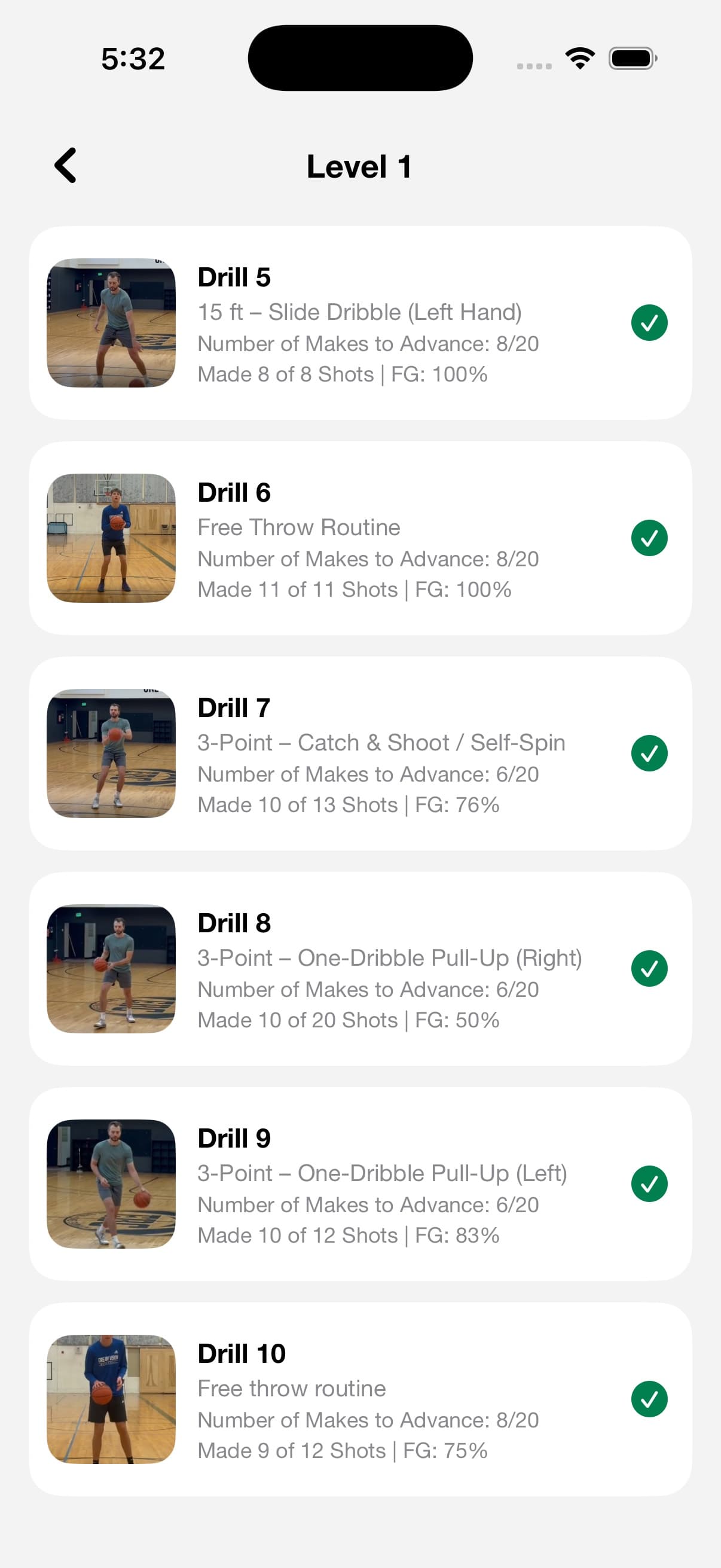 A Level 1 drill list in the Every Shot Counts app, each drill logged with makes and field-goal percentage