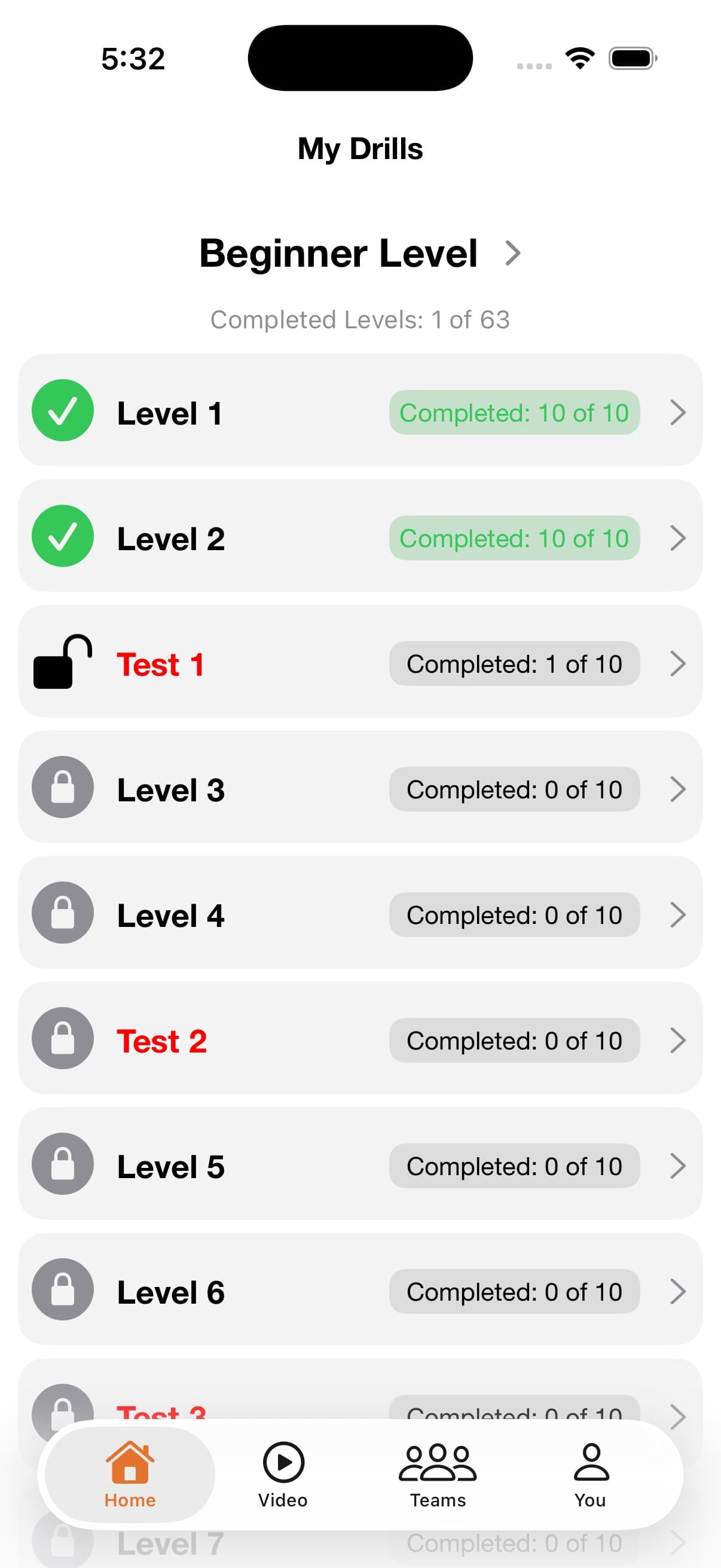 The Every Shot Counts drill library on iPhone, showing structured levels and completion progress