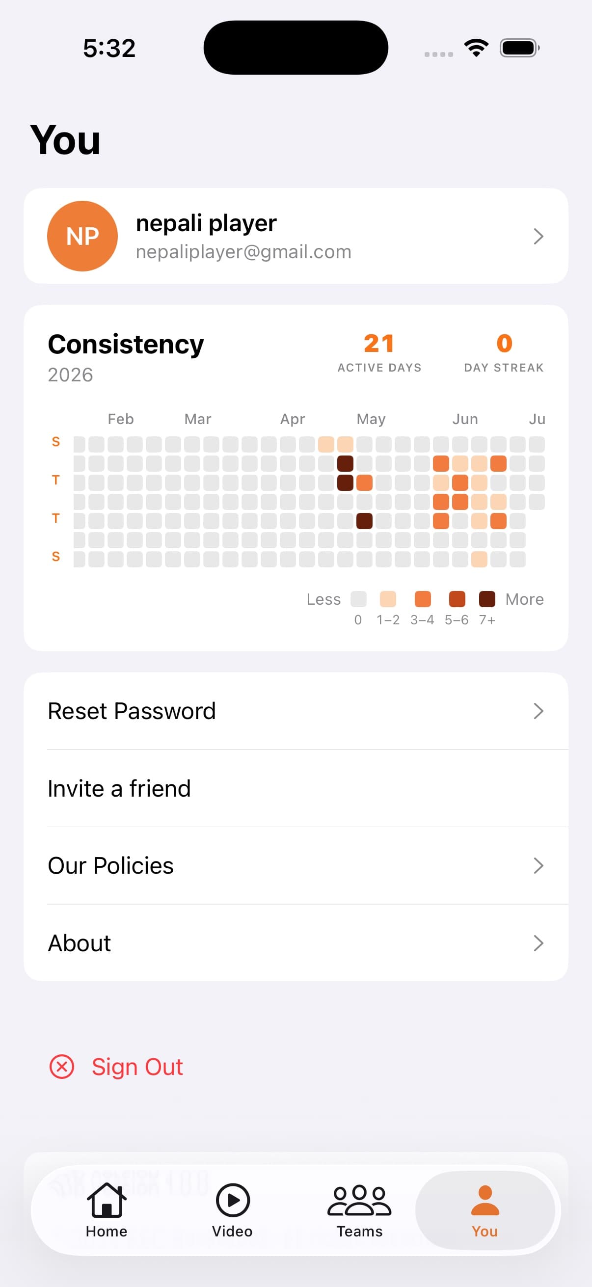 The Every Shot Counts consistency calendar on iPhone, showing active days and streak